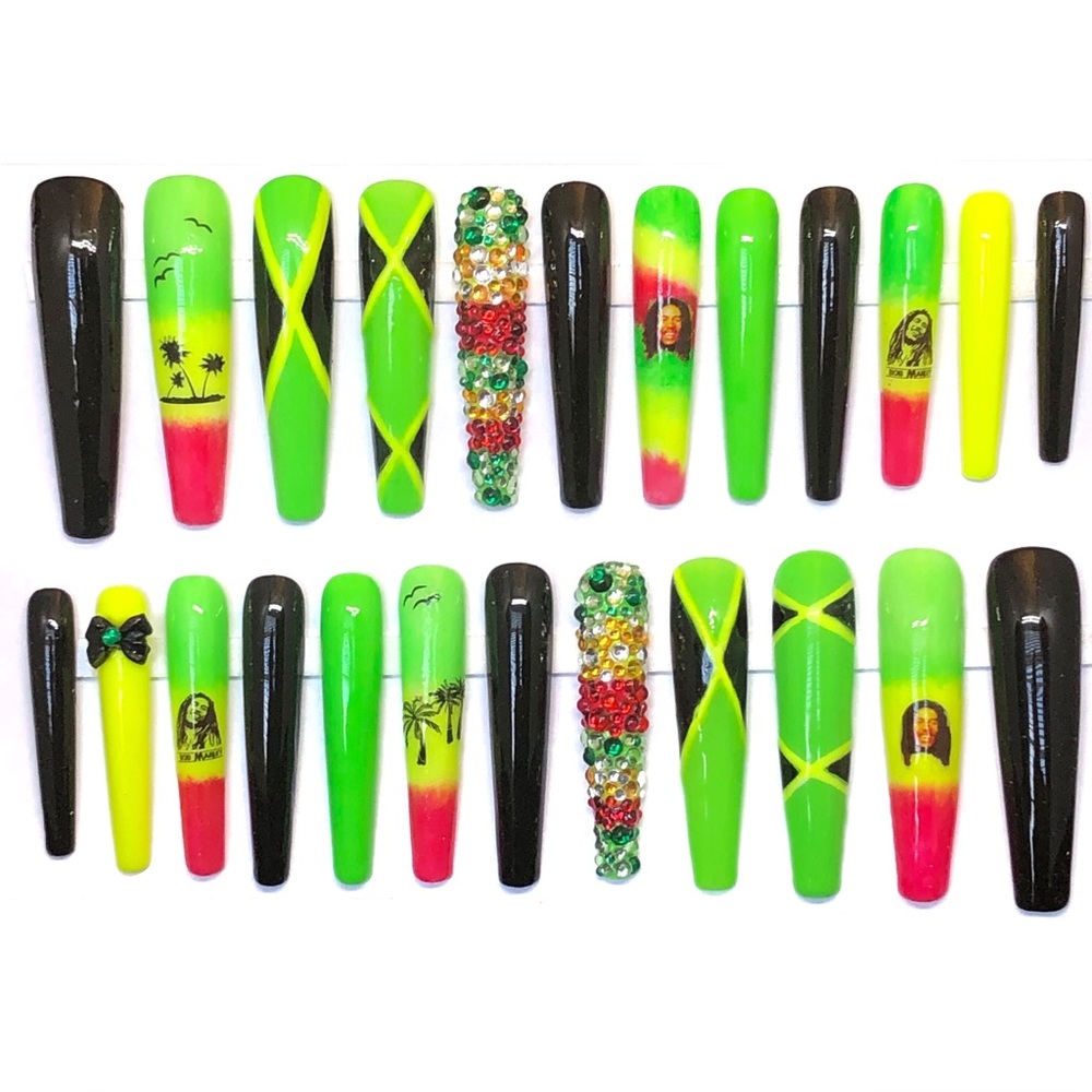 Handmade Custom Press On Nails XX Long Coffin Shape Jamaica Nails + Bob Marley!